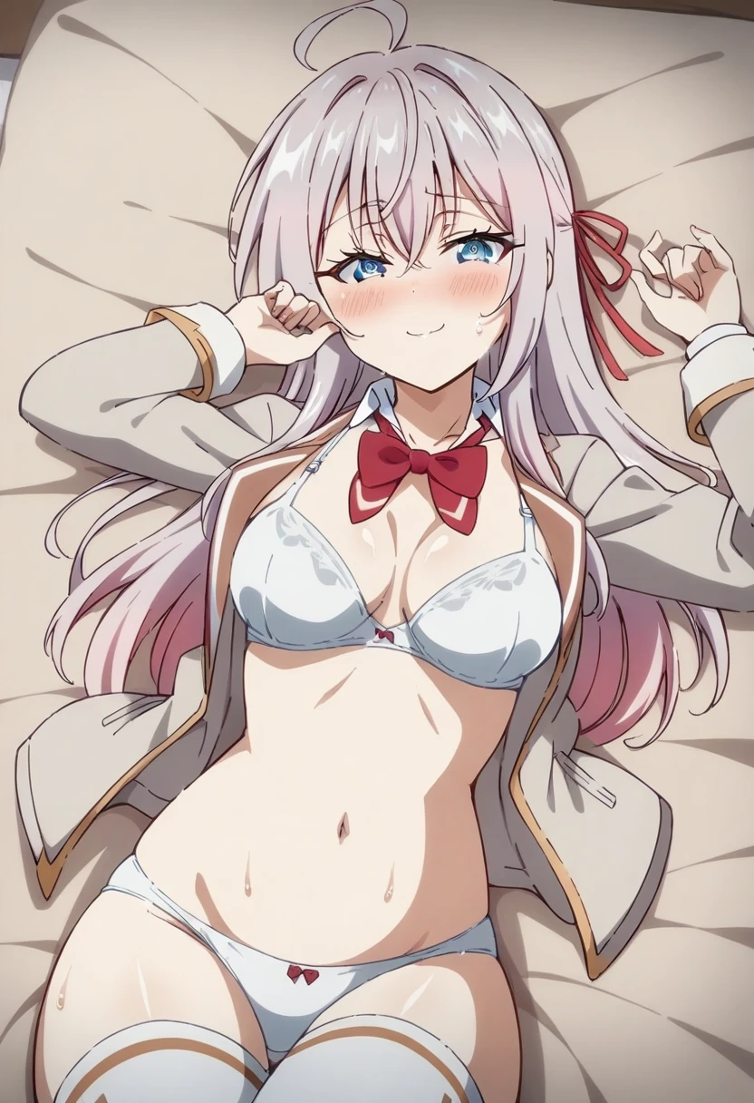 anime art style, 2d, masterpiece, best quality, very aesthetic, absurdres, dynamic shadows, atmosferic, alisa_mikhailovna, (1girl), (grey hair), long hair, blue eyes, detailed eyes, ahoge, hair between eyes, bangs, medium breasts, curvy body, makeup, ((intense blush)), sweat, cleavage, collarbone, grey jacket, (open clothes), white bra, white panties, red bowtie, loose bowtie, red hair ribbon, white thighhighs, (sexy smile), (cowboy shot), lying, looking at viewer, on bed