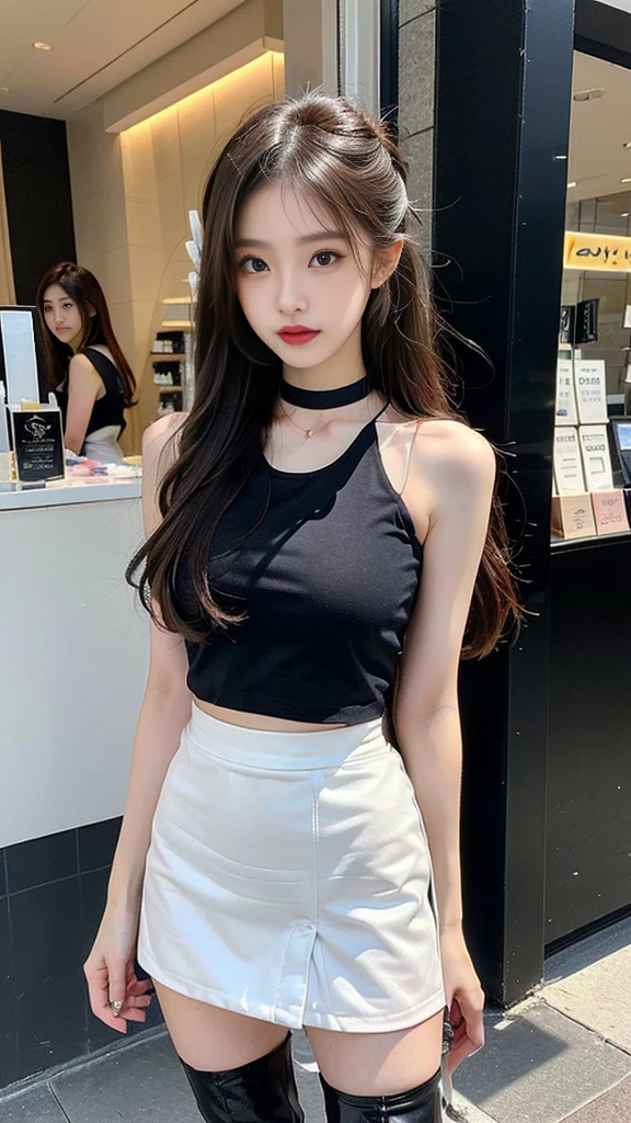 (((random composition : 1.2))), (realistic), (intricate details:1.2), (masterpiece、:1.3), (top quality:1.4), (Ultra A high resolution:1.2), Ultra A high resolution, 8K resolution, very detailed expression, (high quality), complete anatomy, natural anatomy, (full body photo:1.2), (1 korean girl), (In front of a cosmetics store's enterance :1.4), (She is promoting her new opening store.:1.5), (she Dancing femininely and sexyly : 1.4),(wearing in ear a bluetooth microphone),(she doing promotional narration with mic while dancing K-pop..:1.4), (Event girl dispatched for business promotion purposes : 1.6), she is 21 years old, (she is korean:1.6), (beautiful : 1.4), (brightly colored hair), (She is Narrator model : 1.4), (She is Companion : 1.4),(She is event assistant : 1.4), (big earrings), (in-ear microphone : 1.4), heavy makeup, cheerful expression, choker necklace, long legs, (The girl is wearing a slim, sleeveless racing girl uniform and a tight, shiny miniskirt. : 1.4), (She is wearing flesh-colored shiny pantyhose under her skirt and white overknee boots. :1.4), glowing skin, passionate promotional model, friendly smile, (Making eye contact with each other :1.4), kidney practitioner, multiple wreaths, event roulette, a standing board for promotion of store , woofer speakers, performance equipment, event product promotion, Lots of people passing by on the street and paying attention to her., In front of the shopping mall in crowed