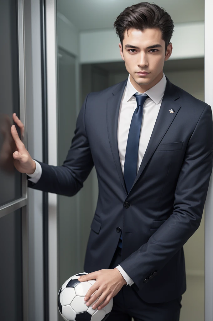Create an image of a man in a suit and tie holding a soccer ball