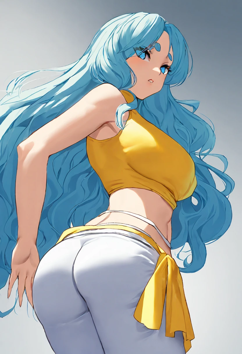 A woman with very voluminous hair, very long hair, wavy blue hair reaching down to her waist, blue eyes, thin eyebrows, with a sensual and confident look. She is wearing a tight yellow sleeveless top with thin straps that exposes her midriff, white pants without a belt, with yellow oval-shaped pendants around her waist instead of a belt. The woman is walking, looking back, looking at you.
