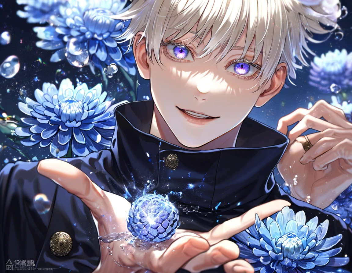 absurdres, highres, ultra detailed, HDR, master piece, best quality, extremely detailed, Inumaki Toge, platinum blonde hair, expressive purple eyes, Jujutsu Kaisen, solo, sexy man, handsome, handsome smile, black uniform with high collar, fantasy, water, sparkling, blue glittering fireflies, blue moon, blue blossoms, blue chrysanthemums, blue sparkling lights, starry sky