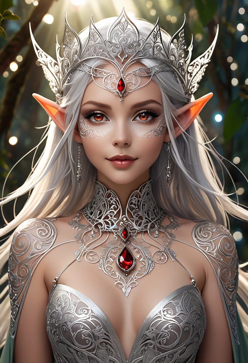 Steampunk inspired elven princess. silver wire necklaces and bangles. Crown of fine silver wire. silver coloured tatoos cover her face and body intricate and beautiful designs. LArge pointed ears that end in curlicues. Hands on hips. Ember colored eyes adorned with intricate silver wireing. a blood red dress, hemmed with silver, covered in silver lace and filligree. silver designs cover the skirt in a kaleidoscope of intricate silver designs. Background is magical verdant forrest. Her visage is a mesmerizing blend of Sydney Sweeney, creating a unique, symmetrical face that exudes elegance and grace. silvercolores face tattoos. Copper colored arms, and chest tatoos. Cozy, romantic lighting. Cheerful smile. silver hair that shimmers and sparkles in the lights. Hourglass figure. silver lips. silver eye shadow.