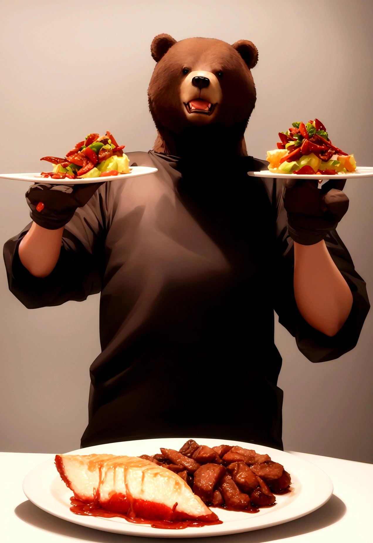 A big, cute bipedal bear eating meat from a plate with a knife and fork