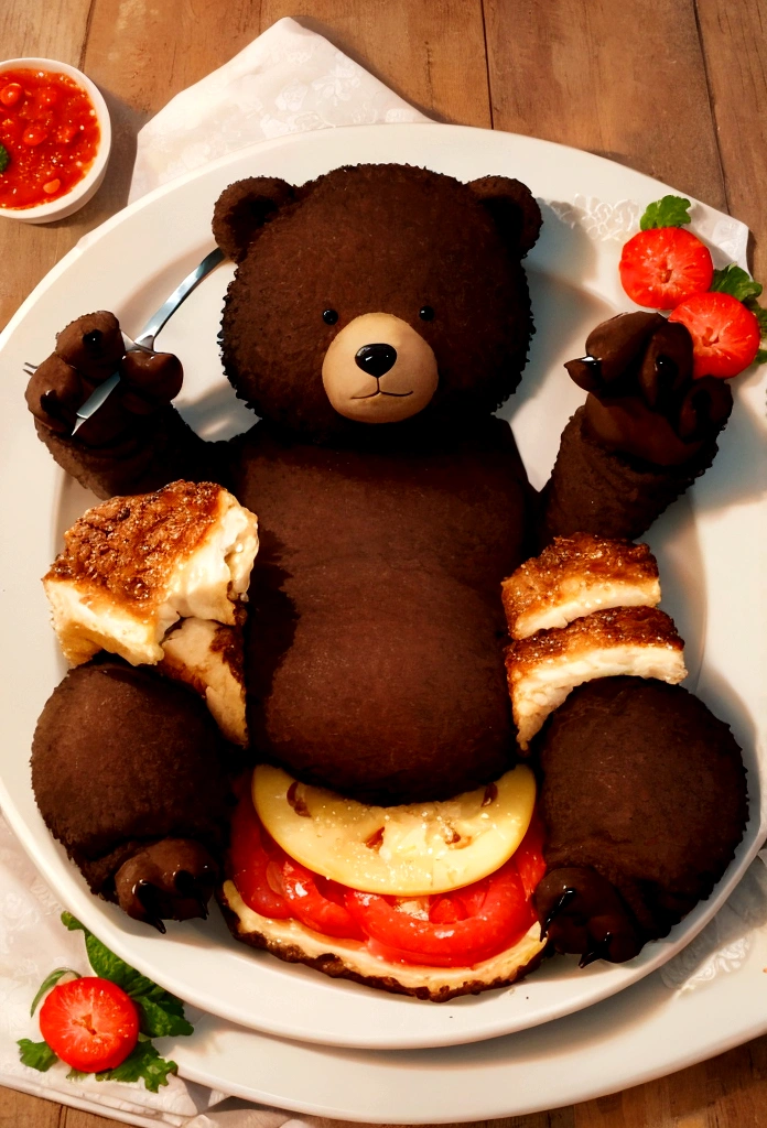 A big, cute bipedal bear eating meat from a plate with a knife and fork