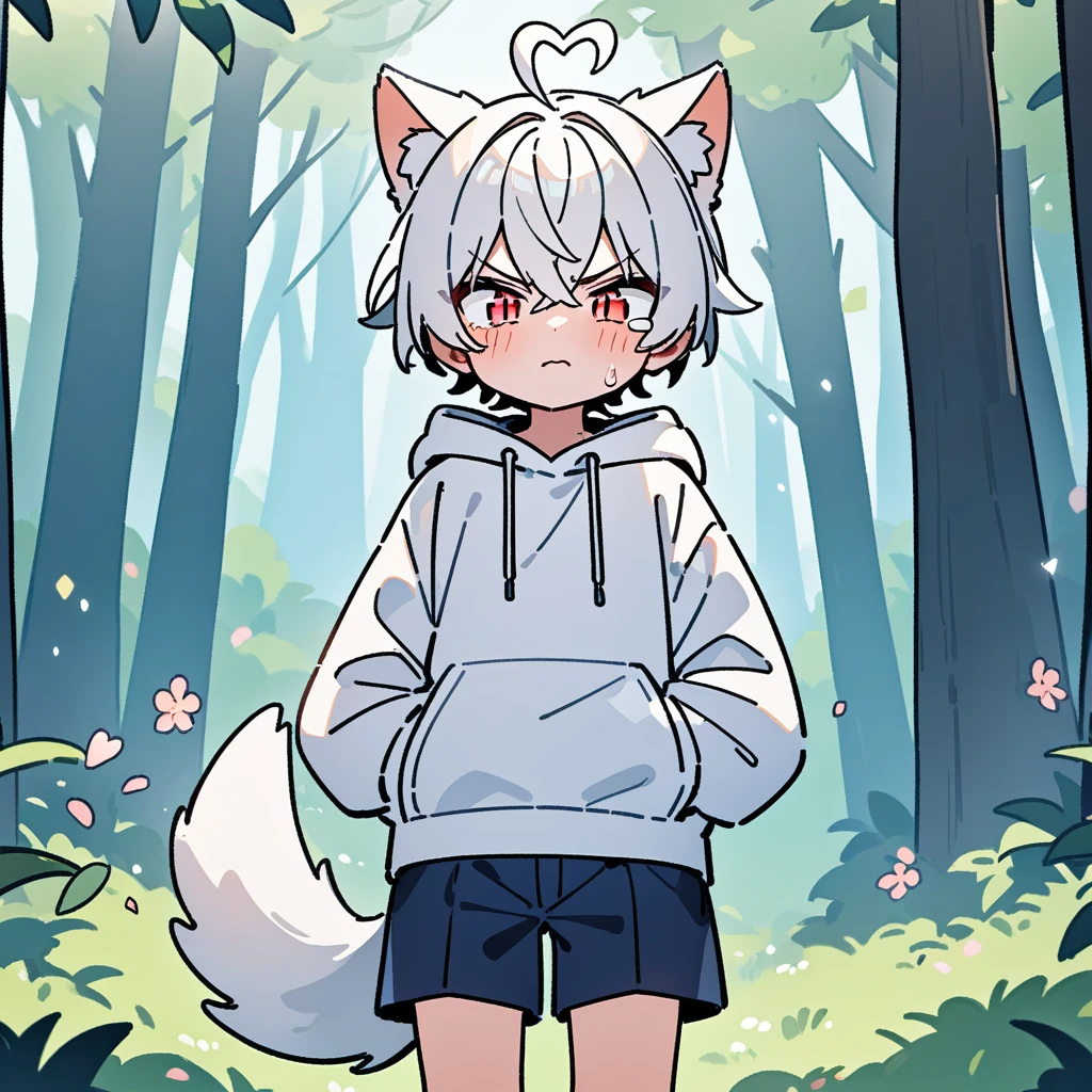 （masterpiece：1.2，high quality），8K，High resolution，A seven-year-old boy，cute boy，white hair，short hair，crossed bangs，red eyes，slit pupils，heart ahoge，cat ears，angry，tears，Wearing a white hoodie，Dark blue shorts，Stand in the forest，There are flowering trees on both sides.，primary school student，thigh，alone，dog tail，（Put your hands in your pockets），（（Put your hands in your pockets））