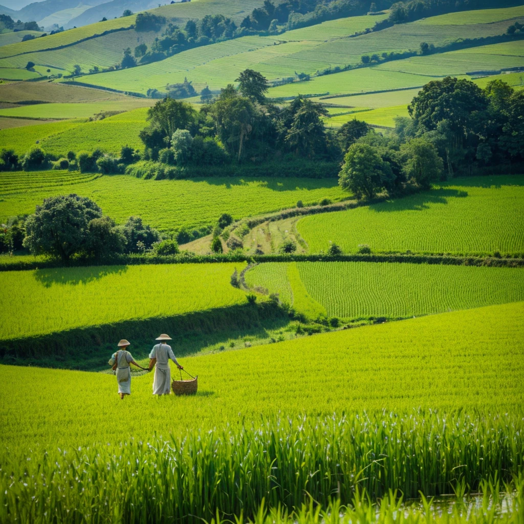 best quality,4k,8k,highres,masterpiece:1.2,ultra-detailed,realistic:1.37,rice paddy,beautiful detailed landscape,vivid colors,sparkling water reflections,lush greenery,sun-kissed fields,hazy mountains,farmland stretching into the distance,gentle breeze stirring the crops,subtle play of light and shadow,detail-rich textures,rustling of leaves in the wind,farmer working in the field,tranquil atmosphere,peaceful countryside,hills rolling in the background,serene and idyllic scenery,harvest time approaching,breathtaking natural beauty,swaying stalks of rice,harmonious composition,thoughtful use of negative space,impressive depth of field,artistic portrayal of agricultural life
