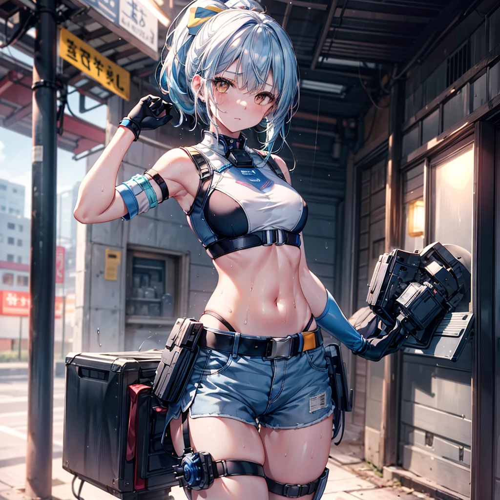 ((Highest quality,masterpiece,detailed,4K)), a girl with blue hair and a top with short sleeves holding a screw driver, 1girl, 独奏, mechanical parts, mecha, long hair, blue hair, navel, gloves, shorts, breasts, sweat, wrench, short shorts, very long hair, underwear, panties, holding, belt, arm up, ponytail, small breasts, blurry background, gray sky, rain, looking at viewer, black gloves, white panties, sports bra, wiping sweat, bow, bare shoulders, bangs, cowboy shot, yellow eyes, midriff, hair bow, (expressionless), face focus