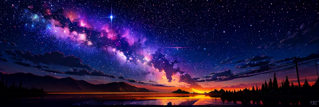 Masterpiece, of the highest quality, octane, null, Star (null), scenery, Starry null, evening, evening null, alone, session, exterior, cloud, Milky Way, reflection, RTTX 10.0, natural landscape forest