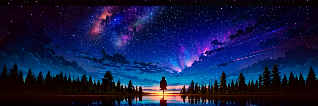 Masterpiece, of the highest quality, octane, null, Star (null), scenery, Starry null, evening, evening null, alone, session, exterior, cloud, Milky Way, reflection, RTTX 10.0, natural landscape forest