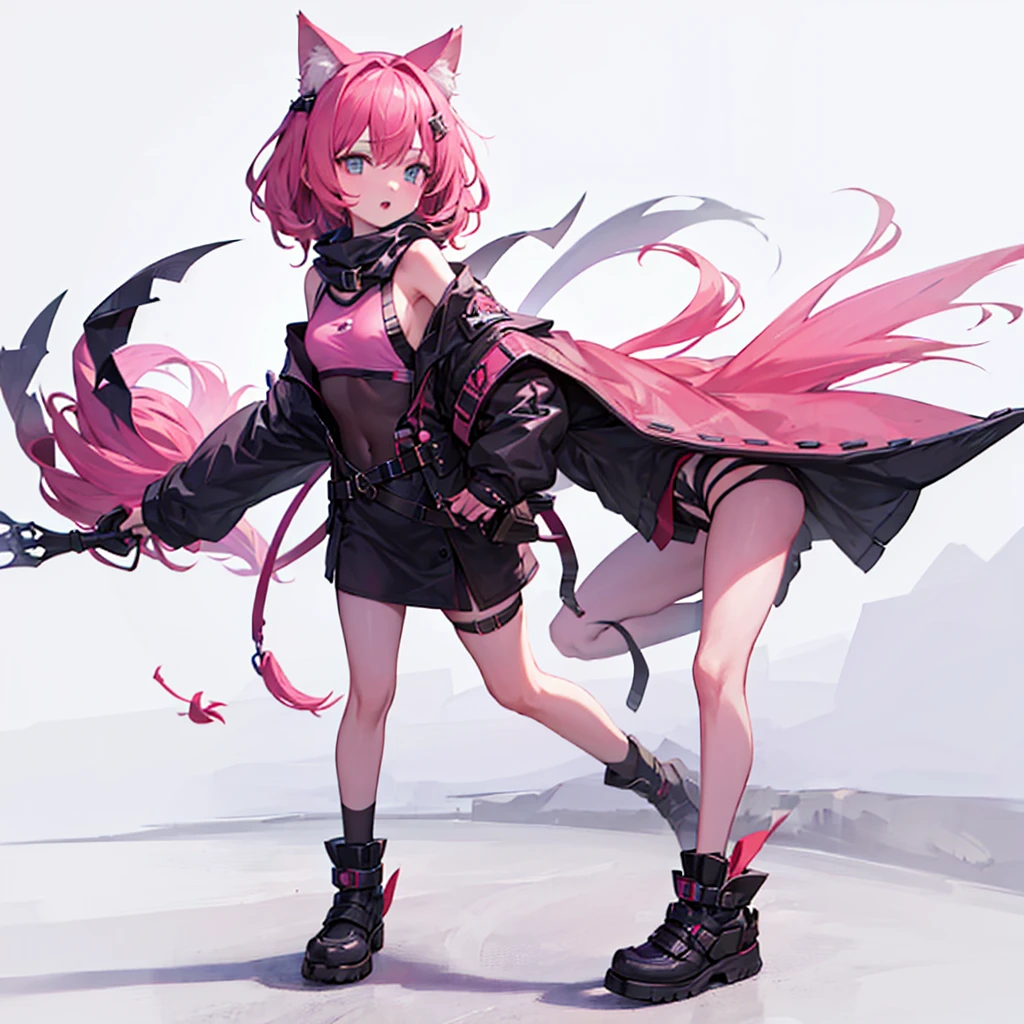 One catgirl called Harifes who is 15yo and has a nice body and likes simple clothes, She has short hair pink+blue which are her favorite colours, perfect body and good image detailed, sfw