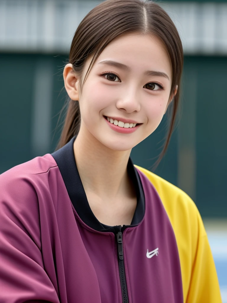 (kawaii 18 year-old Japanese girl, Nogizaka idol, Korean idol, track and field player), healthy female athlete body, glossy brown hair, (very high ponytail, bangs:1.2), beautiful black eyes, rounded face, single eyelid, (no makeup:1.2), (big laughing), (long sleeved track jacket:1.3), extra small breasts, BREAK, (track and field stadium  background:1.2), (dynamic angle, bust shot:1.2), BREAK, (masterpiece, best quality, photo realistic, official art:1.4), (UHD, 8K quality wallpaper, high resolution, raw photo, golden ratio:1.3), (shiny skin), professional lighting, physically based rendering, award winning, (highly detailed skin texture, extremely detailed face and eyes textures), Carl Zeiss 85 mm F/1.4, depth of field, (1girl, solo),