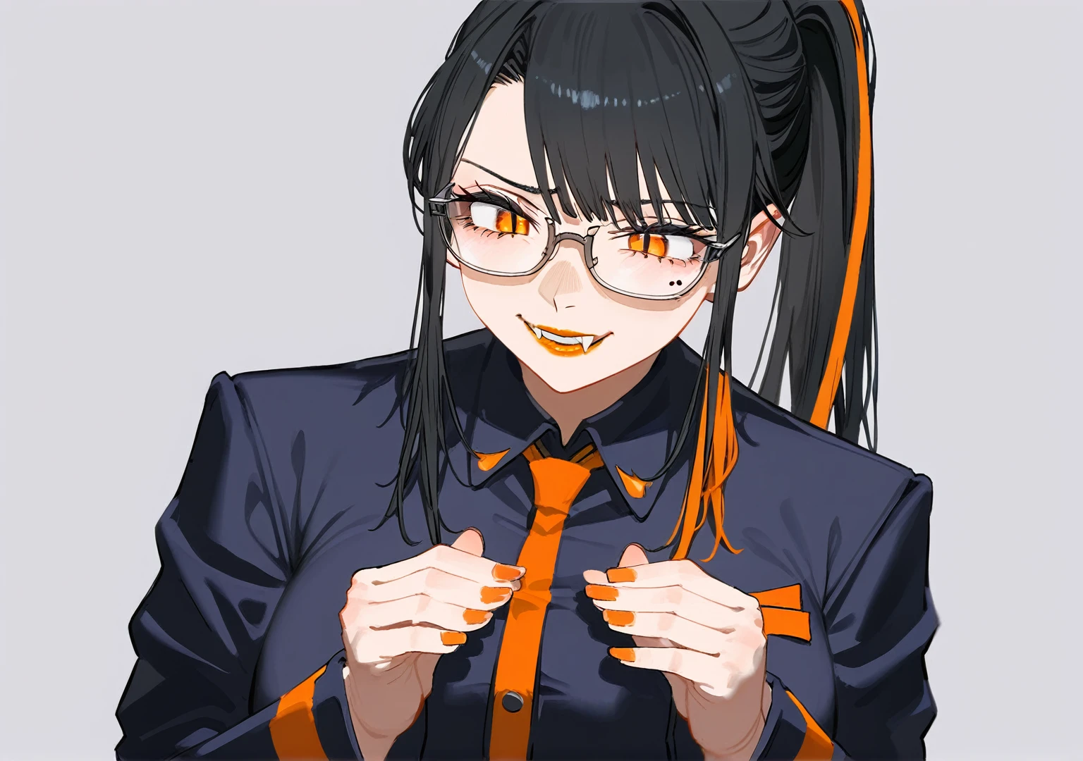 masterpiece, best quality, score_9,1older woman,orange lipstick,secretary outfit,siren glasses,mole,ponytail,orange and black hair,black hair,orange streaks,fangs,1woman,high quality,detailed, worried, face, praying, standing, head tilt, smirk, white background