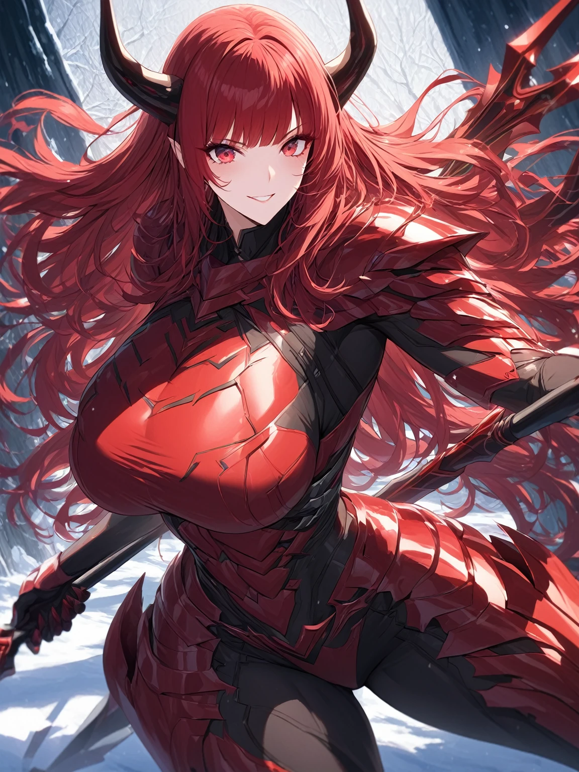 Masterpiece, very detailed, ultra detailed, one, (1 woman), athletic and embossed body, six pack abs, she is in futuristic red armor with bright black details, with a large and detailed spear, in a stable and fighting position, super mature, tall, mom, mature mother, long hair, straight hair and straight bangs, bright red hair, red demonic horns, beautiful, charming, blood red eyes, elegant, big breasts(huge), easy smile, charming, against the background of snow, ice and winter.