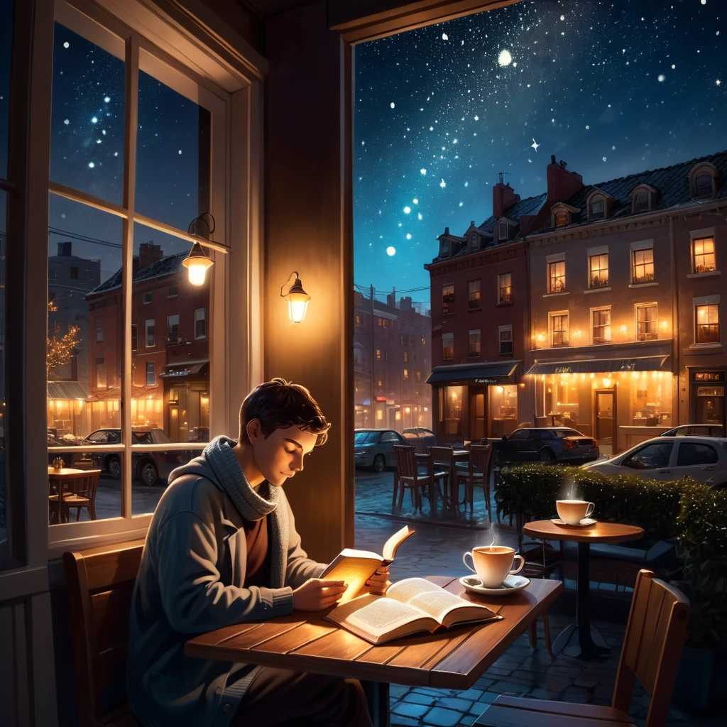 "A tranquil night scene of a cozy café with warm lights. A person is reading a book, surrounded by the soft glow of lamps, with a cup of coffee on the table. Outside the window, a starry sky and city lights create a calming atmosphere."