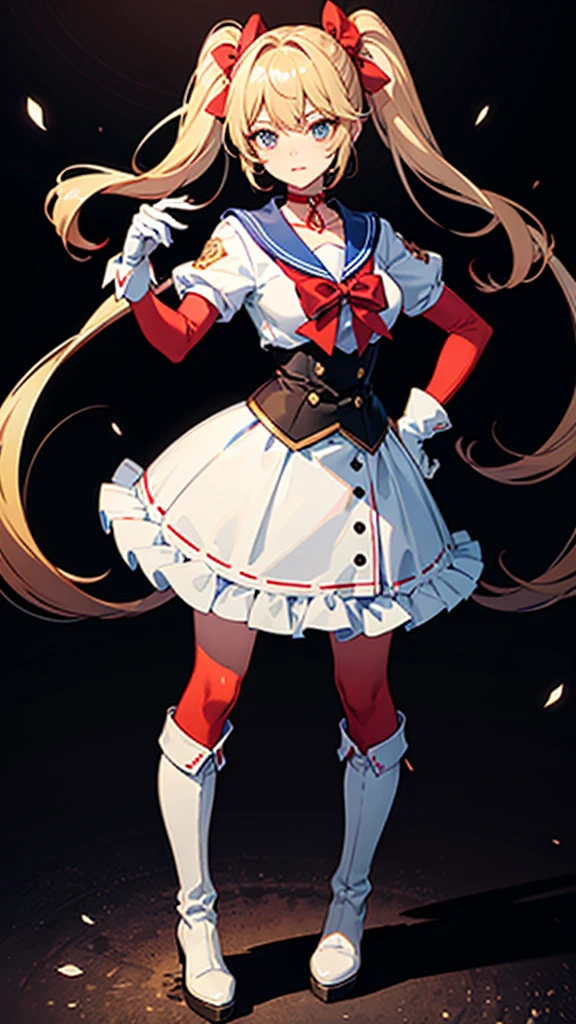 The person is also generated vertically.Create a highly detailed image of a confident, magical girl character striking a dynamic pose. The character should have long, blonde twin-tails with red accessories, and she should be wearing a white and navy blue sailor outfit with a large red bow on the chest. Her outfit should include white gloves, red knee-high boots, and a red choker. Background is dim and scary.