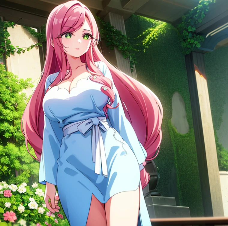 1 girl, alone, hahari hanazono, long hair, bangs, (green eyes: 1.2), pink hair, flower, hair flower, smile, (pink blouse), white floral print, bare waist, tight blue jeans, outdoors, city, walking, from behind looking at viewer, pov(from below), masterpiece: 1.2), best Quality, high resolution, Unity 8k wallpaper, (artwork: 0.8), green eyes (beautiful detailed eyes: 1.6), extremely detailed face, perfect lighting, extremely detailed CG (perfect hands, perfect anatomy), large breasts, medium waist. , wide hips, medium thighs, round butt