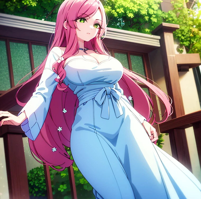 1 girl, alone, hahari hanazono, long hair, bangs, (green eyes: 1.2), pink hair, flower, hair flower, smile, (pink blouse), white floral print, bare waist, tight blue jeans, outdoors, city, walking, from behind looking at viewer, pov(from below), masterpiece: 1.2), best Quality, high resolution, Unity 8k wallpaper, (artwork: 0.8), green eyes (beautiful detailed eyes: 1.6), extremely detailed face, perfect lighting, extremely detailed CG (perfect hands, perfect anatomy), large breasts, medium waist. , wide hips, medium thighs, round butt