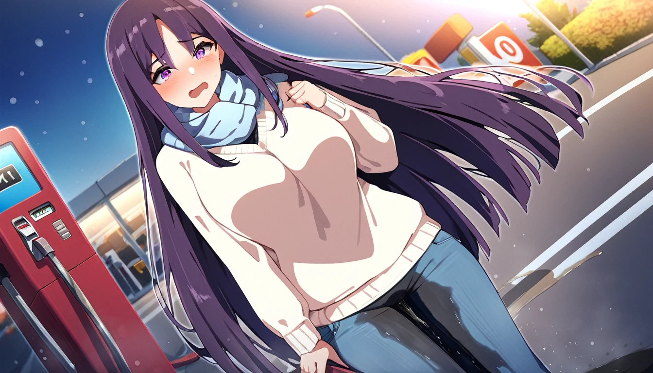 (masterpiece:1.37), best quality, (extremely detailed:1.37), (1girl:1.5), woman, (mature:1.5), (adult:1.5), large breasts, very long hair, (straight hair:1.5), (very dark purple hair:1.5), purple eyes, (extremely detailed eyes:1.37), sweater, scarf, jeans, desperation, (wetting self:1.5), standing, embarrassed, humiliation, blushing, gas station, snowing, street, golden hour