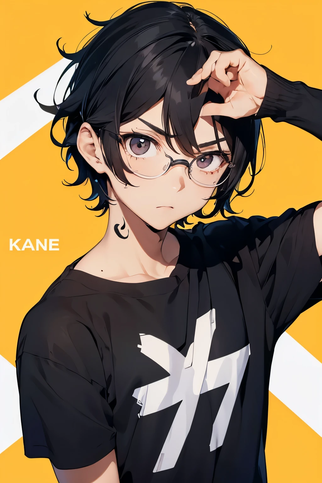 17 year old boy, clear skin, short black wavy hair, mole near right eye, black square lenses, serious look, Karasuno men's volleyball uniform with number 12, haikyuu anime style, hitting a volleyball