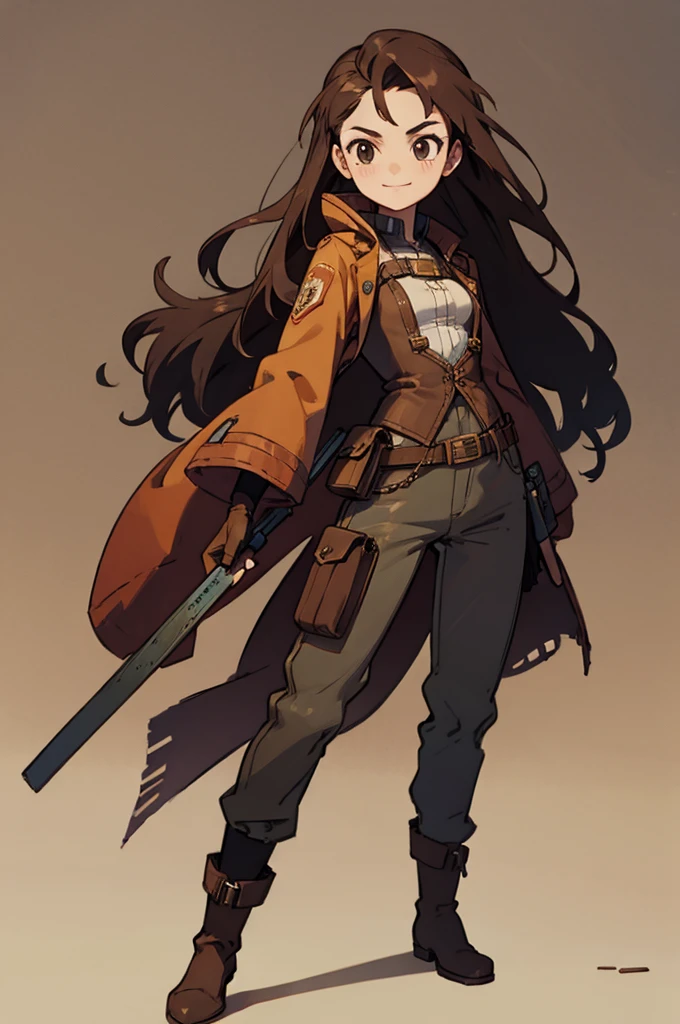 1.steampunk,15 years old,Brown Hair,Long Hair,goggles,A fake smile,gloves,whole body,boots,pants