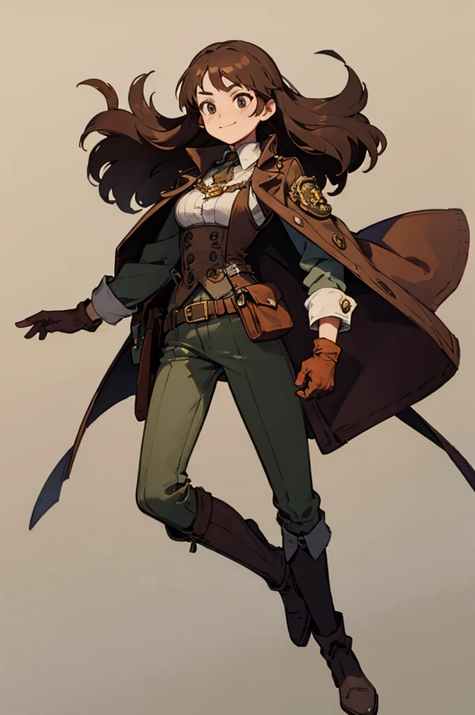 1.steampunk,,Brown Hair,Long Hair,goggles,A fake smile,gloves,whole body,boots,pants