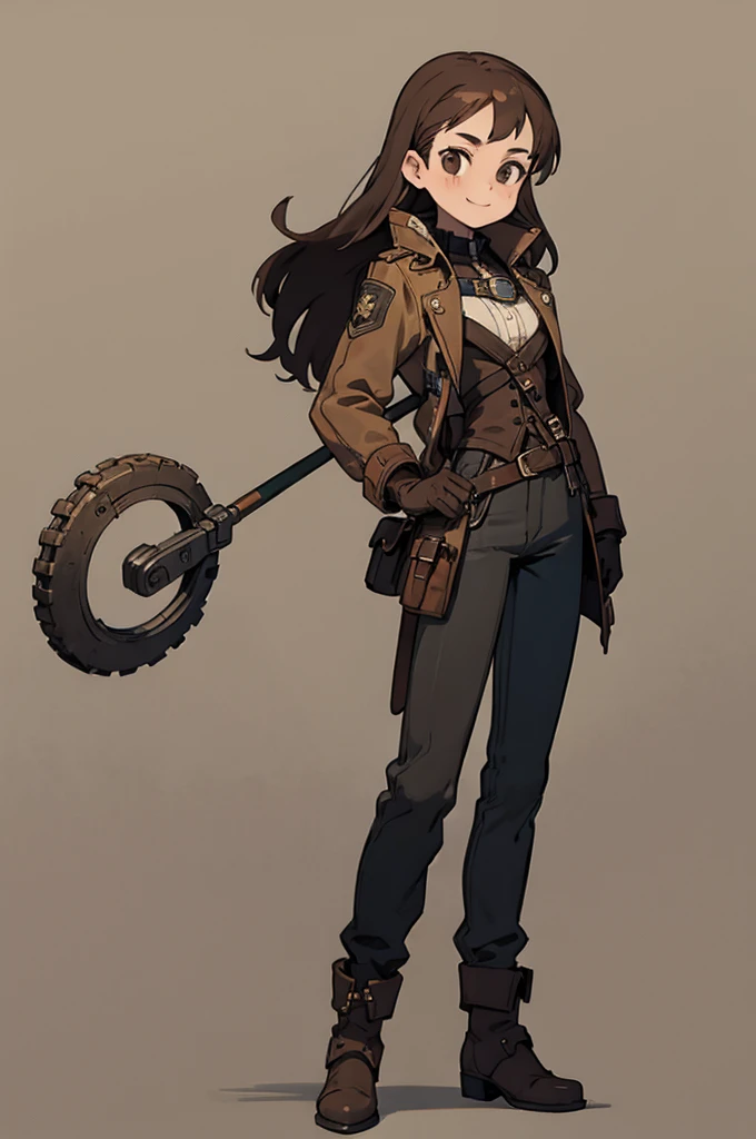1.steampunk,15 years old,Brown Hair,Long Hair,goggles,A fake smile,gloves,whole body,boots,pants