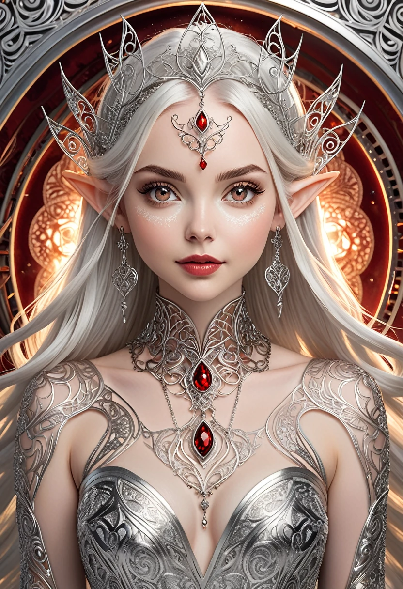 Steampunk inspired elven princess. silver wire necklaces and bangles. Crown of fine silver wire. silver coloured tatoos cover her face and body intricate and beautiful designs. LArge pointed ears that end in curlicues. Hands on hips. Ember colored eyes adorned with intricate silver wireing. a blood red dress, hemmed with silver, covered in silver lace and filligree. silver designs cover the skirt in a kaleidoscope of intricate silver designs. Background is magical verdant forrest. Her visage is a mesmerizing blend of Sydney Sweeney, Alison Brie, Dove-Cameron, creating a unique, symmetrical face that exudes elegance and grace. silvercolores face tattoos. Copper colored arms, and chest tatoos. Cozy, romantic lighting. Cheerful smile. silver hair that shimmers and sparkles in the lights. Hourglass figure. silver lips. silver eye shadow.

