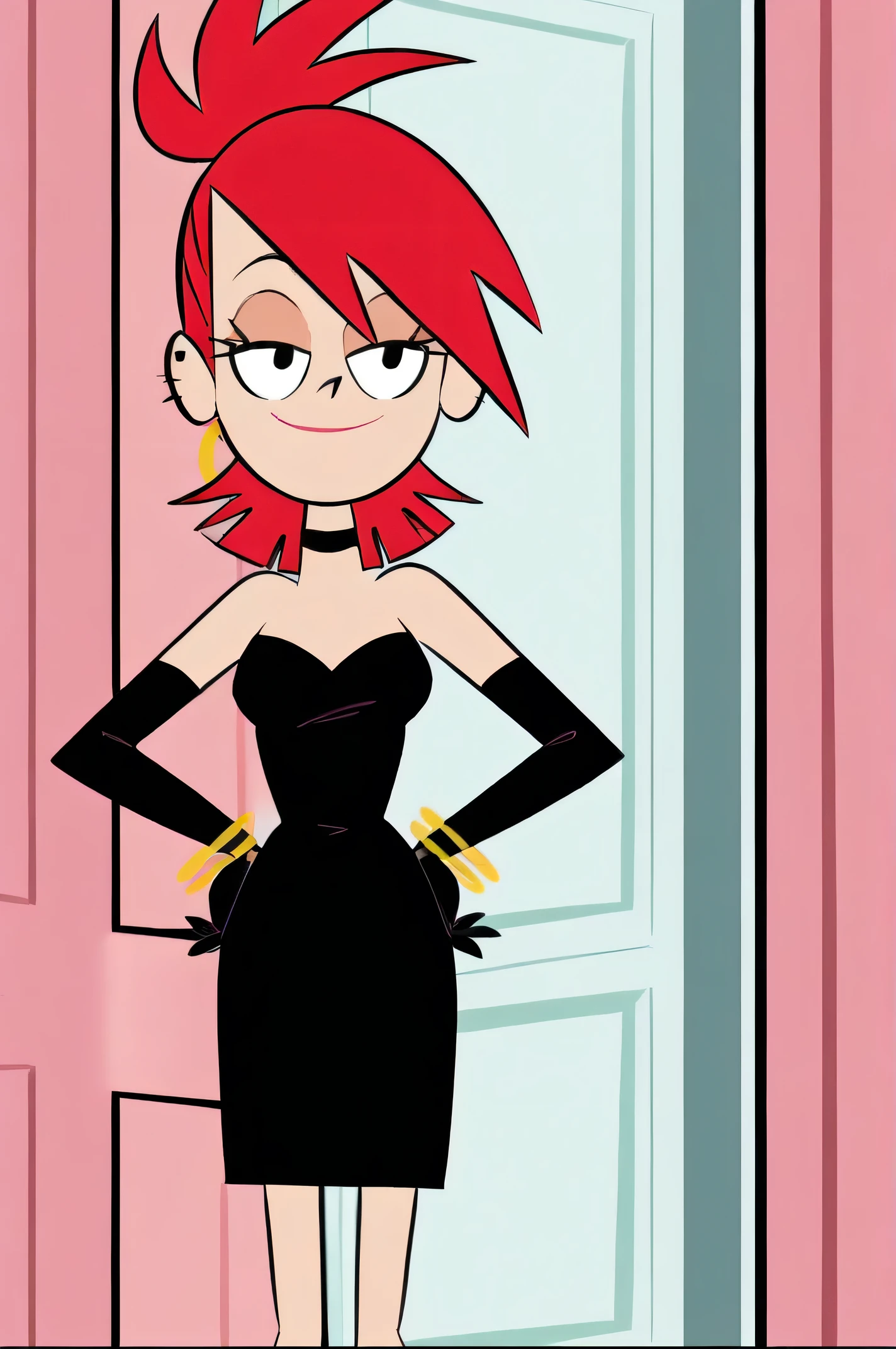FrankieFoster, red medium hair, red bob hair cut, black eyes, posing, solo, strapless white shirt, black pencil skirt, dress, black elbow gloves, gold bracelet, smug, beautiful, arms at sides, standing at the pink front door, looking at viewers,