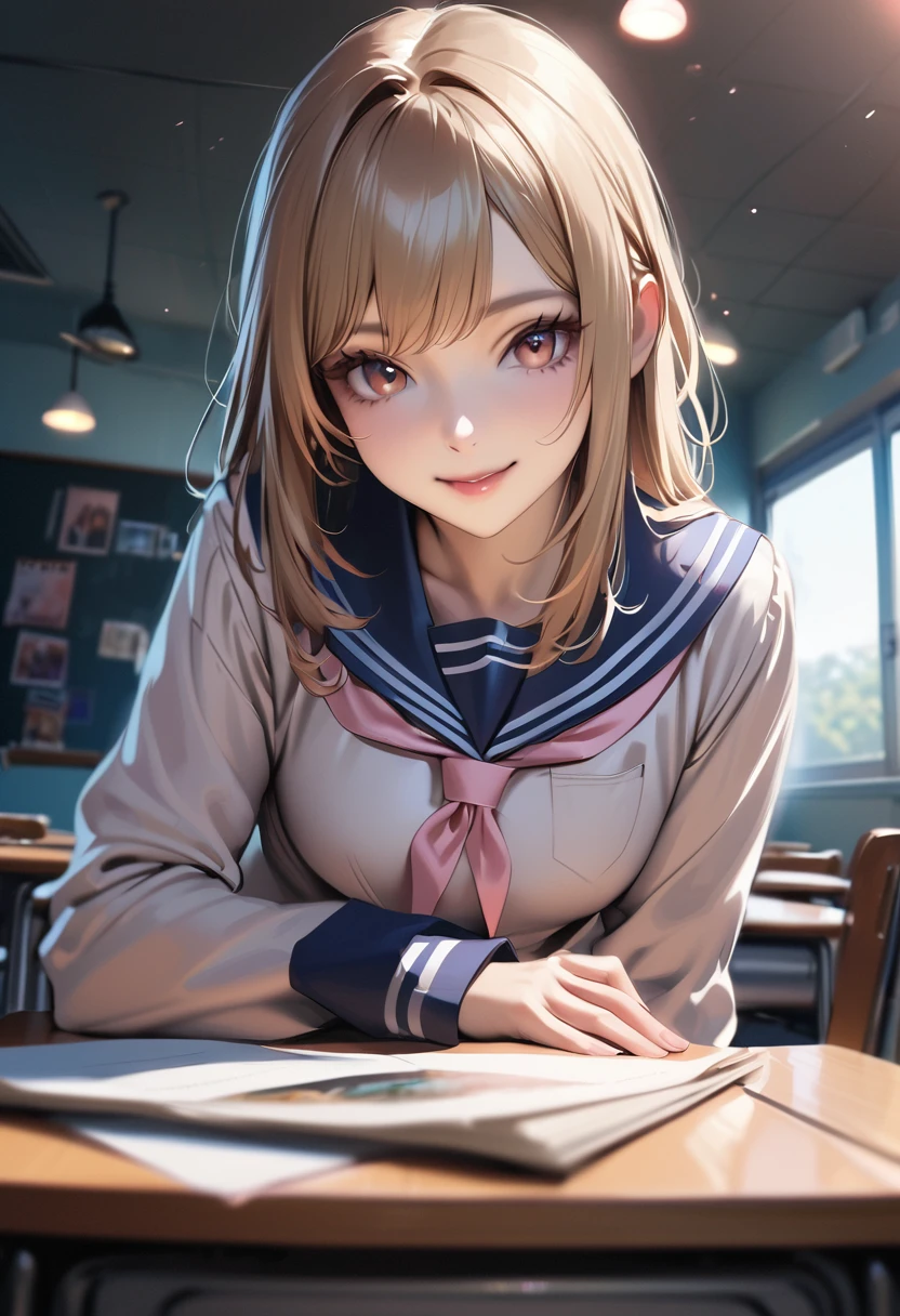1 girl, cute, 16 years old, smile, Look at the viewer., sailor suit, Seifuku, photograph, realistic, best quality, hired, detailed face, classroom, Detailed background, Diffused light, depth of field, Bokeh