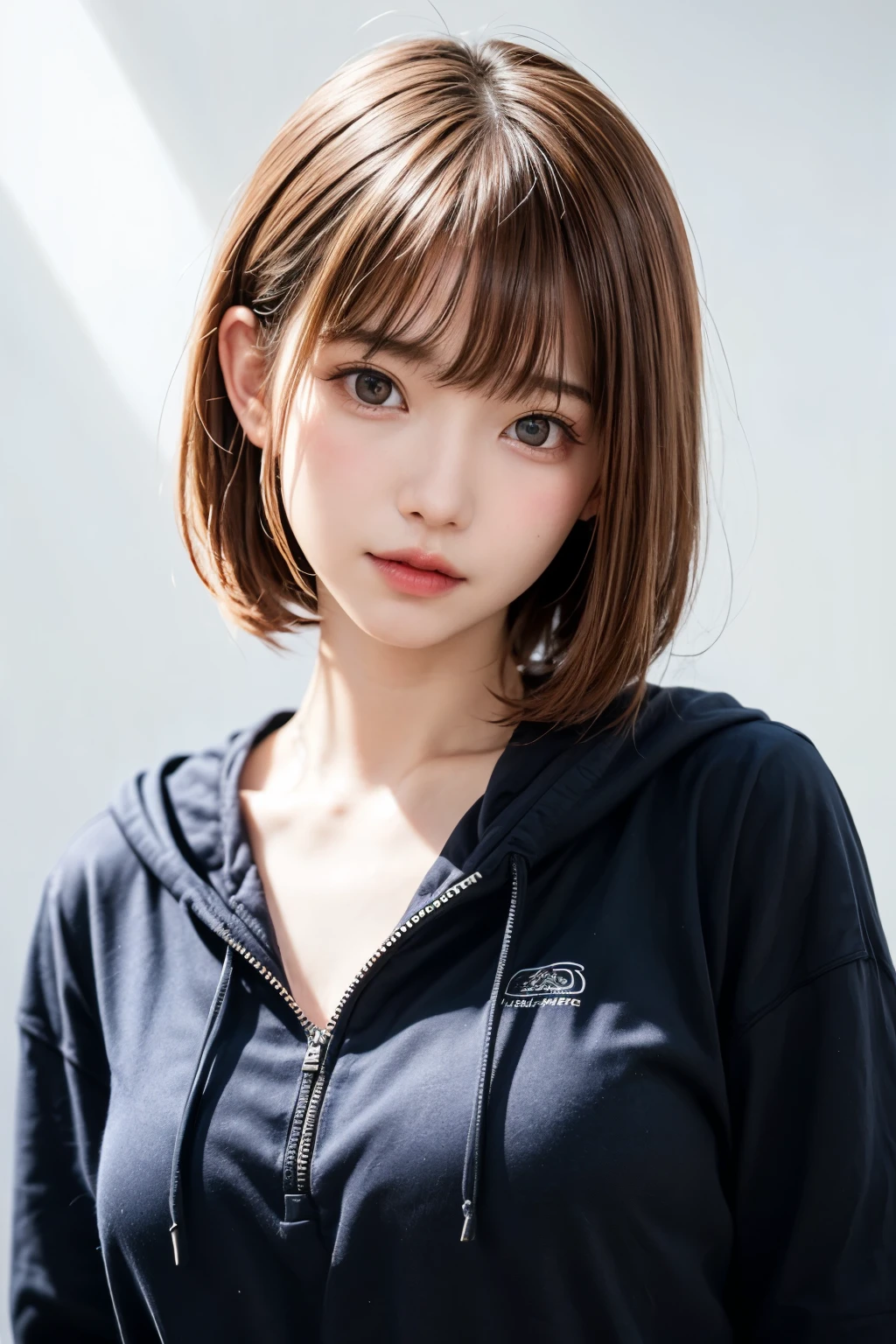 masterpiece、Highest quality、1 Girl, alone, alone focus, Cowboy Shot, Portraiture, Oversized hoodie, Aqua green and white hoodie, Half watercolor, Half Green, ((Brown Hair)), (Yellow Hair), (Gradient Hair :1.5), Curly Hair, ((Pink Eyes)), Very detailedな目, Sunburn, (Dark caramel skin:1.1), Highest quality, Very detailed, White Background, Simple Background