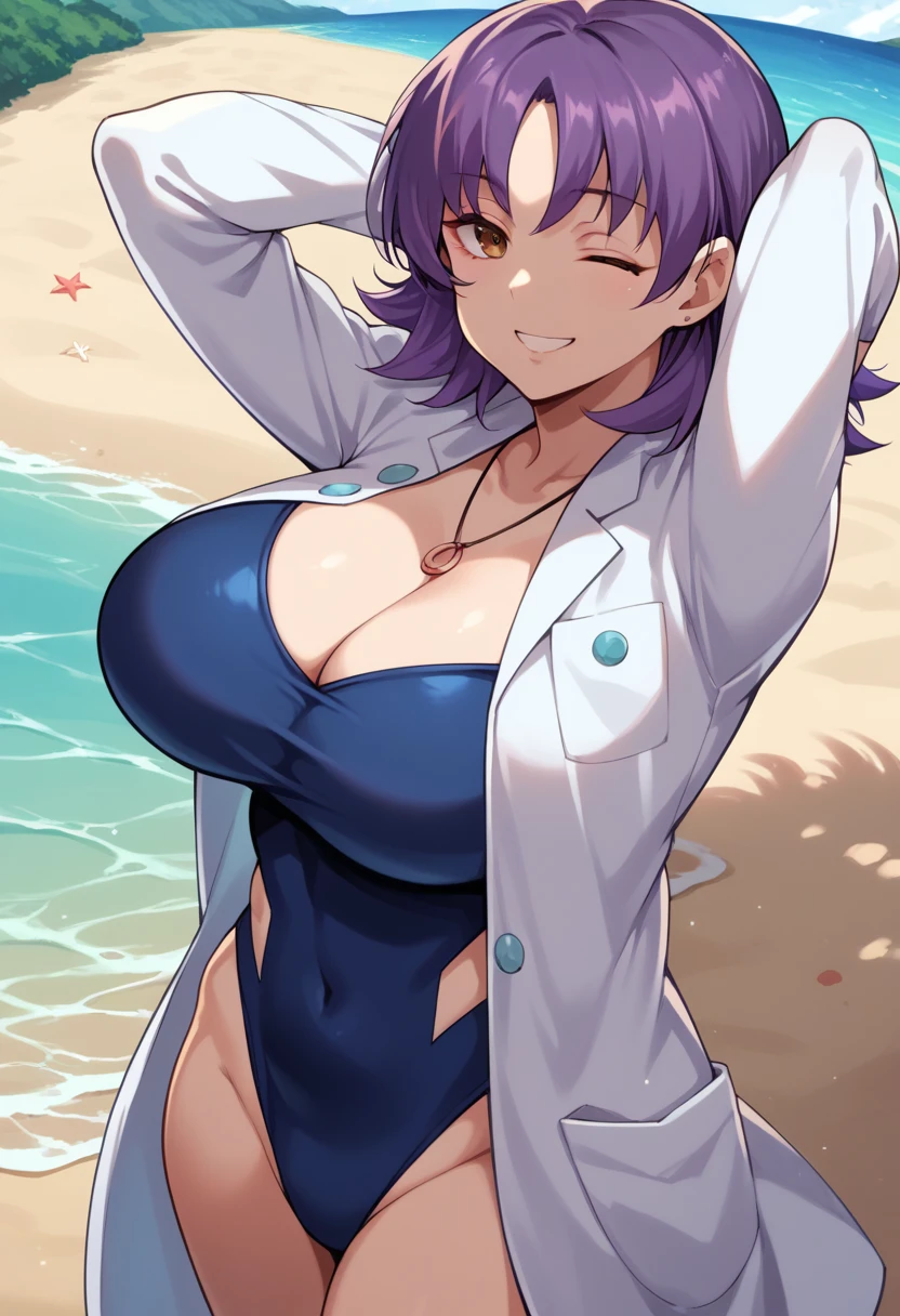 nanao yukiji style, 1girl, solo, profivy, purple hair, labcoat, long sleeves, necklace, one-piece swimsuit, looking at viewer, big breasts, cleavage, (big breasts:0.7), arms behind head, wink, smile, looking at you, beach, sand