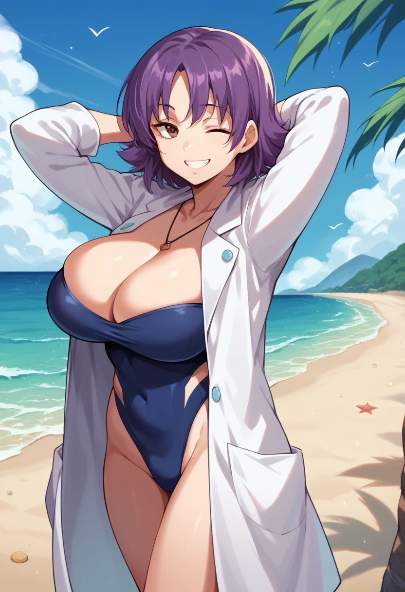 nanao yukiji style, 1girl, solo, profivy, purple hair, labcoat, long sleeves, necklace, one-piece swimsuit, looking at viewer, big breasts, cleavage, (big breasts:0.7), arms behind head, wink, smile, looking at you, beach, sand