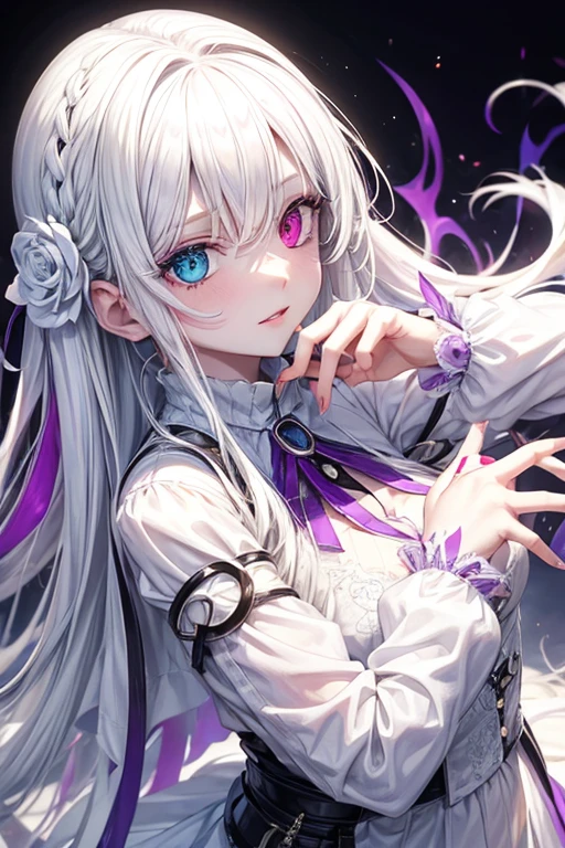 An albino woman, like heterochromia, long white hair, white outfit with purple, hands-free