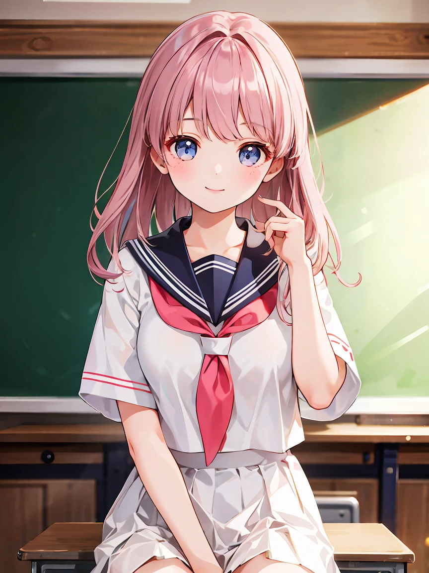 1 girl, cute, , smile, Look at the viewer., sailor suit, Seifuku, photograph, realistic, best quality, hired, detailed face, classroom, Detailed background, Diffused light, depth of field, Bokeh