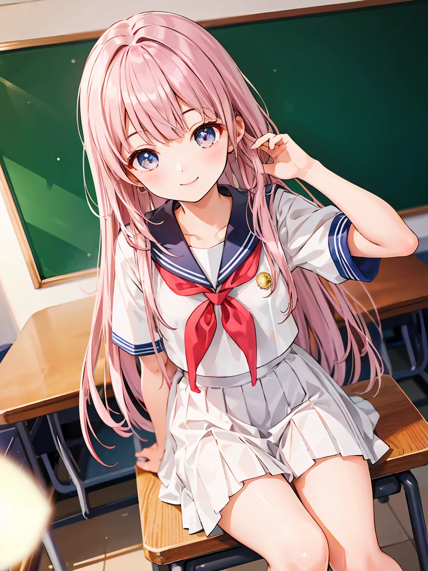 1 girl, cute, 16 years old, smile, Look at the viewer., sailor suit, Seifuku, photograph, realistic, best quality, hired, detailed face, classroom, Detailed background, Diffused light, depth of field, Bokeh