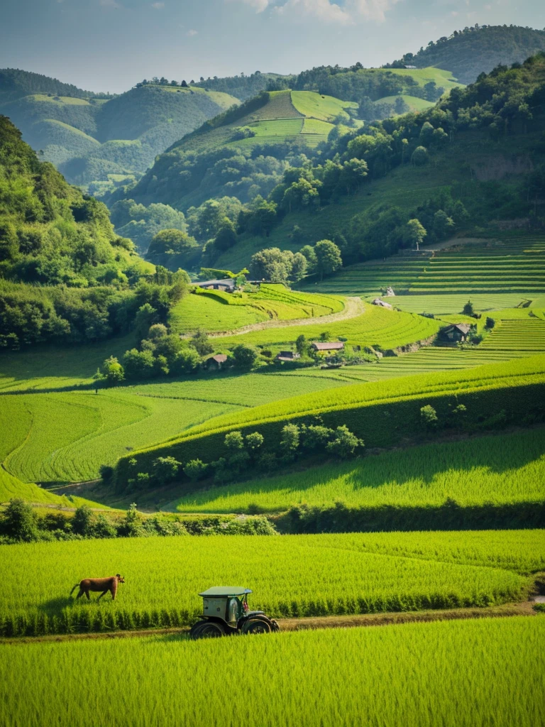 best quality,4k,8k,highres,masterpiece:1.2,ultra-detailed,realistic:1.37,rice paddy,beautiful detailed landscape,vivid colors,sparkling water reflections,lush greenery,sun-kissed fields,hazy mountains,farmland stretching into the distance,gentle breeze stirring the crops,subtle play of light and shadow,detail-rich textures,rustling of leaves in the wind,farmer working in the field,tranquil atmosphere,peaceful countryside,hills rolling in the background,serene and idyllic scenery,harvest time approaching,breathtaking natural beauty,swaying stalks of rice,harmonious composition,thoughtful use of negative space,impressive depth of field,artistic portrayal of agricultural life