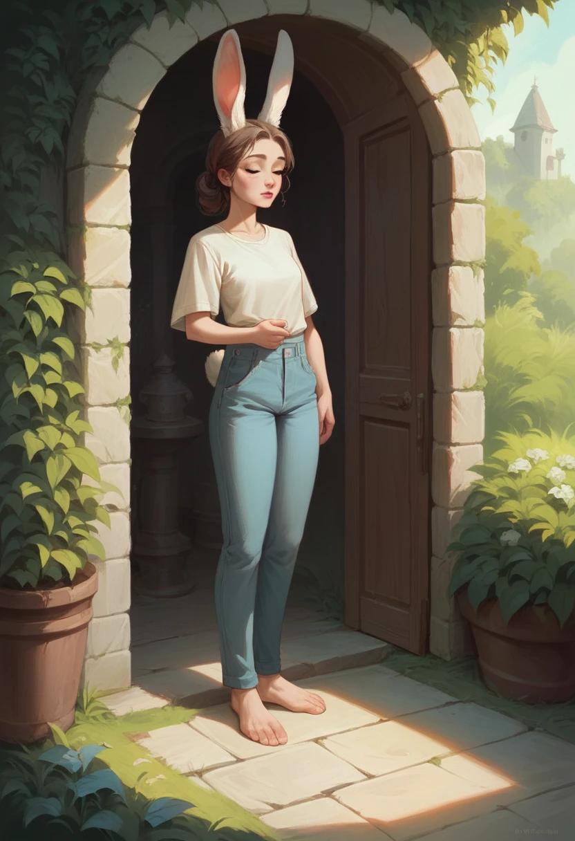 4k, realist, charismatic, Very detailed, there is a girl in the garden house, unclothed, rabbit woman , Soft theme, pants, 25 years, whole body