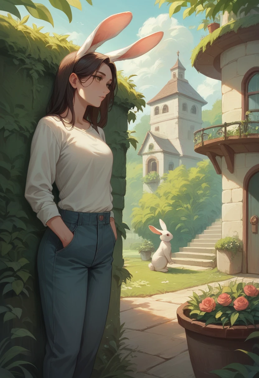 4k, realist, charismatic, Very detailed, there is a girl in the garden house, unclothed, rabbit woman , Soft theme, pants, 25 years, whole body