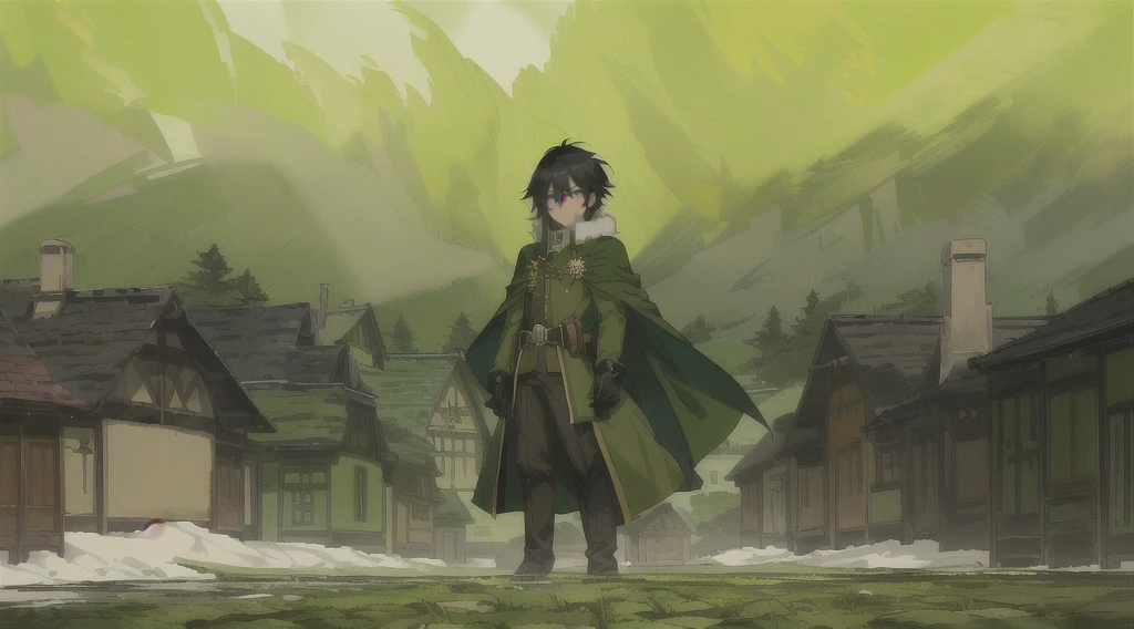 yuichiro hyakuya, (WithoutFear:1), 1 boy, black hair, green eyes, brown coat, gray armor, green shield, green cloak, dark brown gloves, town, white fur trim, tall, anime, standing, good quality, portrait, looking at viewer