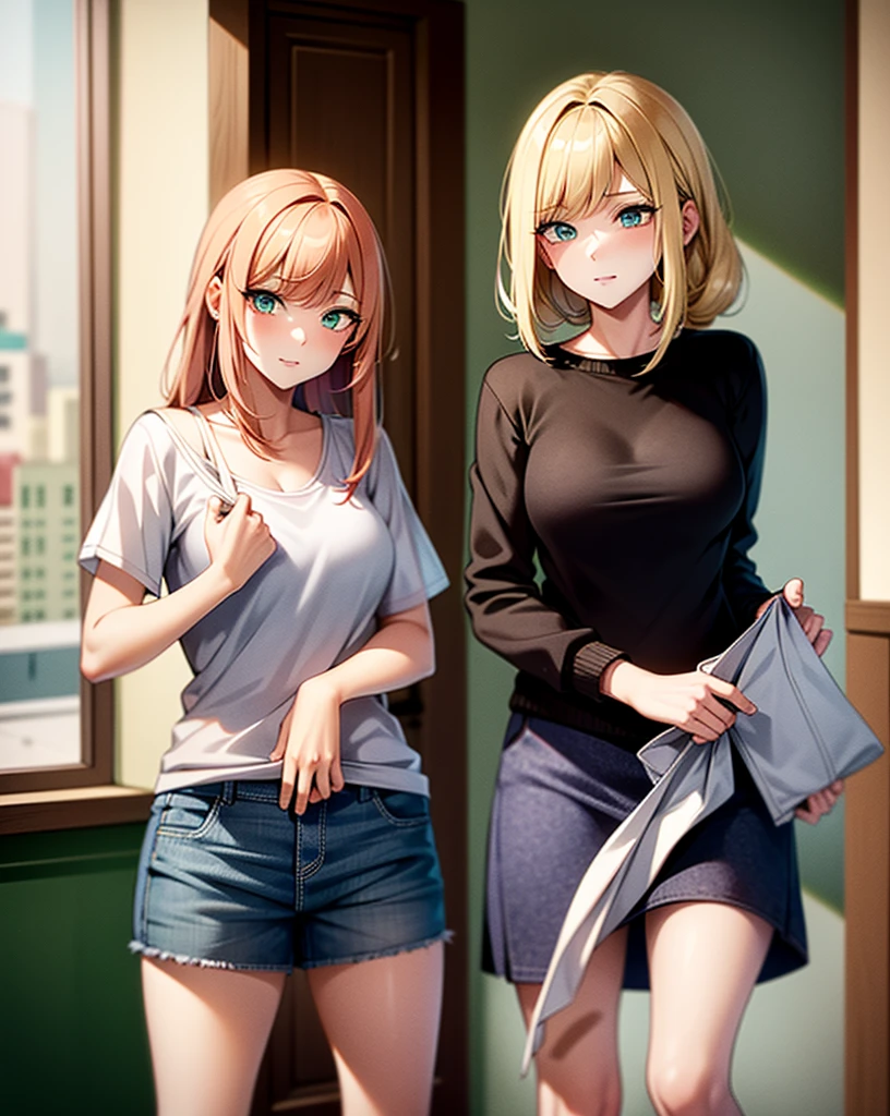 two girls, a blonde girl with green eyes, second redhead girl with blue eyes, with casual clothes