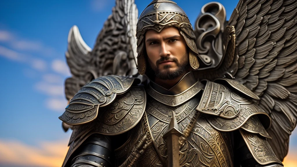 a warrior angel man, male, wearing a tunic and armor. holding a trumpet
