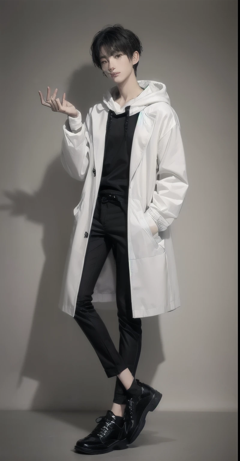 young asian man, Japanese idol style, short clean-cut hair, ((center part)), (crisp white lab coat:1.3), ((black hoodie underneath:1.7)), (black pants:1.7), (black shoes:1.7), calm confident expression, (holding a product in right hand:1.3), (pointing with left index finger:1.3), explaining pose, plain white background, mid-shot portrait, full body view, high quality, detailed, 8K, (realistic skin texture:1.2), (sharp focus:1.1), (contrast between white coat and black clothing:1.2)