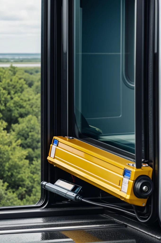Image of a car battery sticking out of a window 