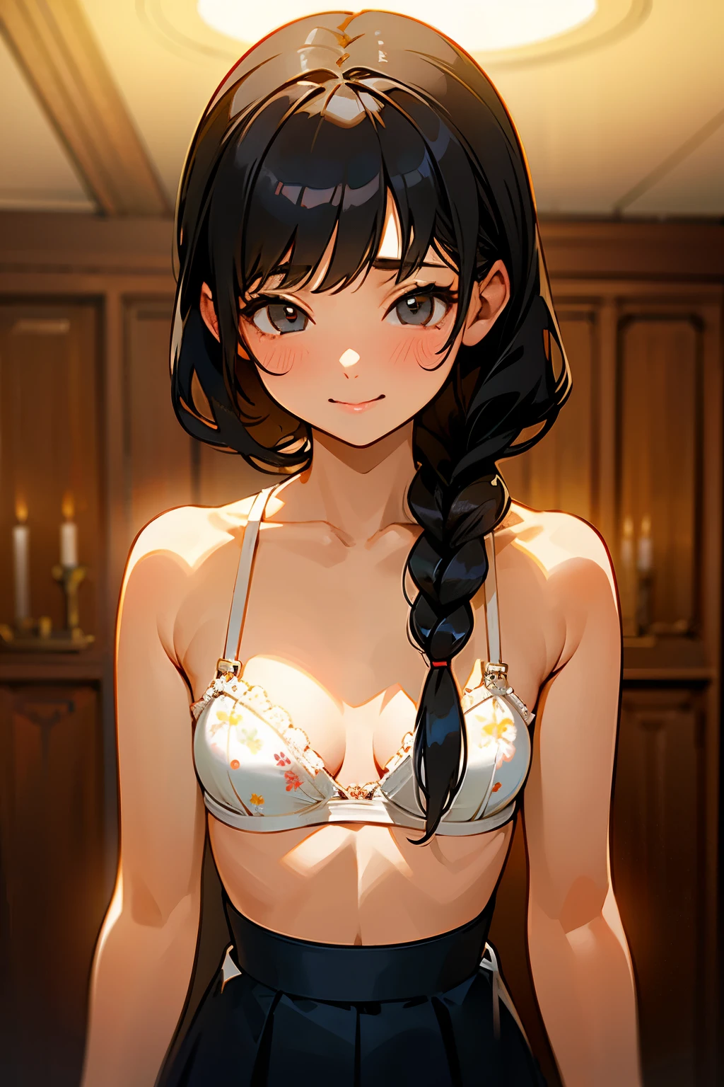 NSFW、In the best quality、age girl standing in a room。High resolution、Beautiful details、Quiet atmosphere。Black hair braids、Cute Smile.。Small breasts、Cute white floral bra、She&#39;s wearing cute white panties with a floral pattern。