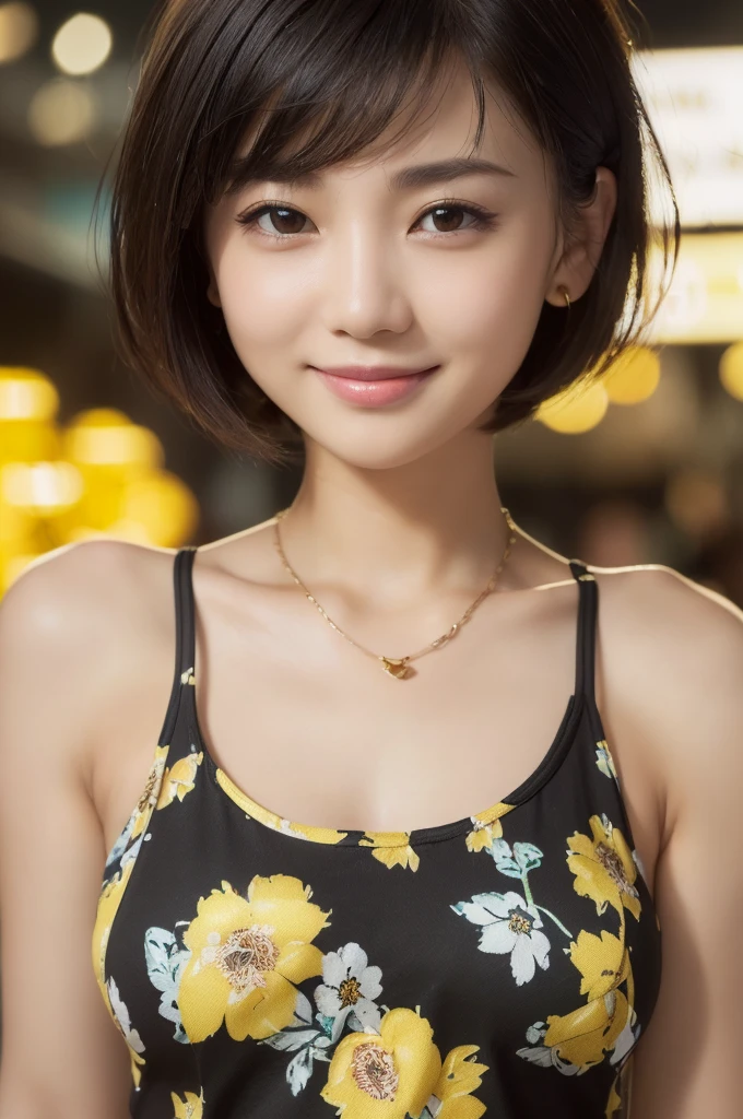 ((Highest quality, 8K, masterpiece: 1.3)), concentrated: 1.2, Perfect Body Beauty: 1.4, ((Layered Haircut,Small breasts: 1.2)), (Night Market:1.3), (Yellow floral tank top : 1.3) ,　A shy smile,Highly detailed face and skin texture, Simple Necklace, (Beautiful, clear black eyes:1.3), double eyelid ,White skin, medium brown bob hair, golden ratio, (shut up: 1.3),