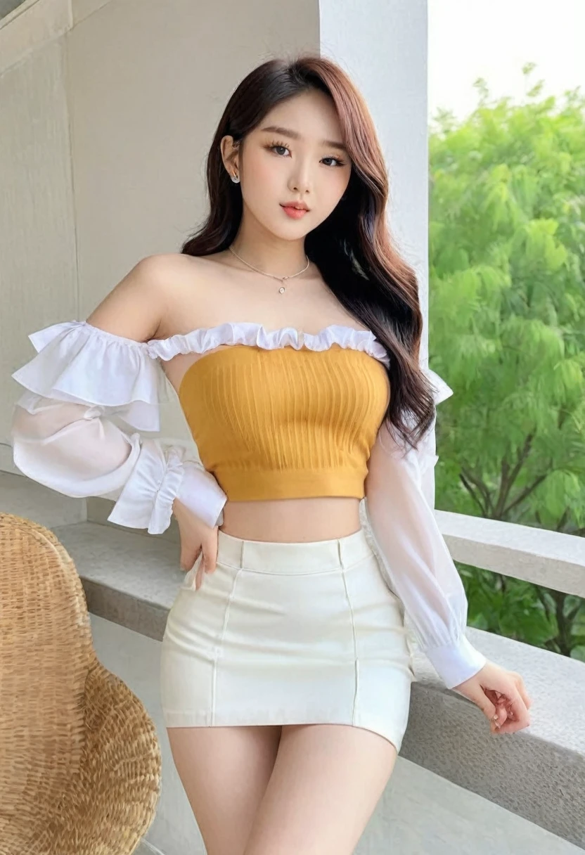 ((Best high quality:1.2)), work of art, (8k), extremely detailed, ((High detail:1.2)), (HotLexi woman), Solo, ((Go Youn-jung)), ((24 years old pretty perfect Korean Ulzzang female:1.4)), (cropped strapless, micro-skirt pencil),