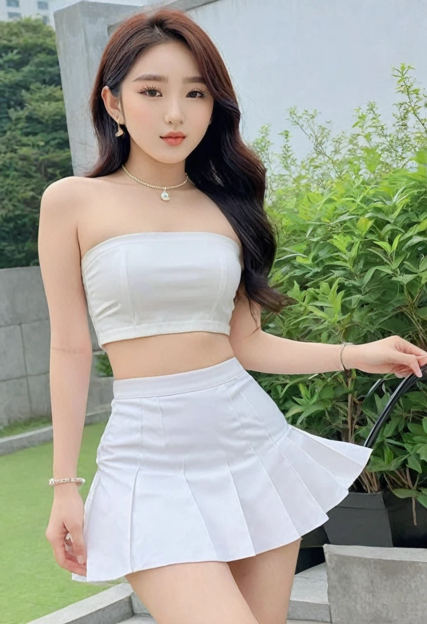 ((Best high quality:1.2)), work of art, (8k), extremely detailed, ((High detail:1.2)), (HotLexi woman), Solo, ((Go Youn-jung)), ((24 years old pretty perfect Korean Ulzzang female:1.4)), (cropped strapless, micro-skirt pencil),