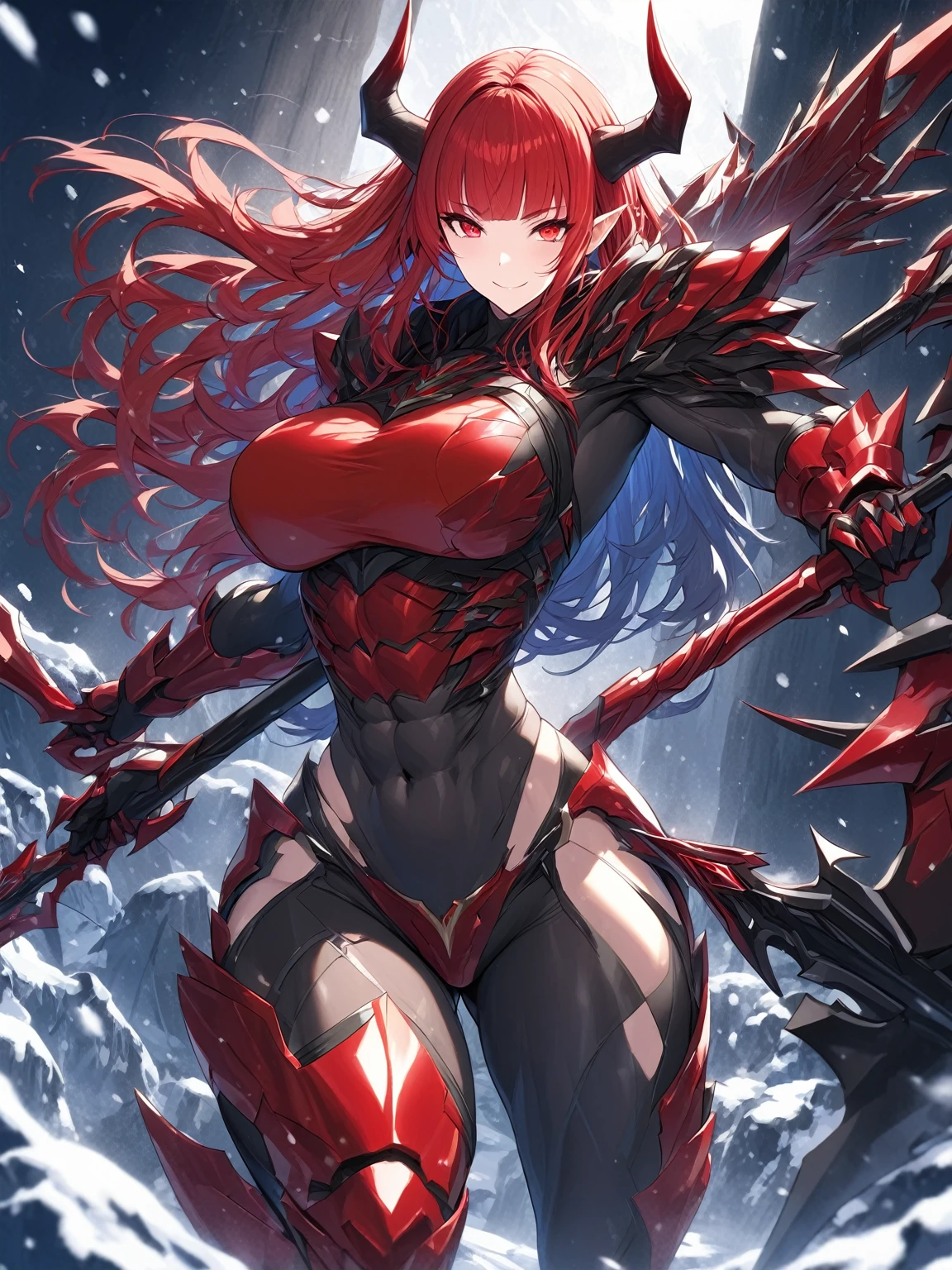 Masterpiece, very detailed, ultra detailed, one, (1 woman), athletic and embossed body, six pack abs, she is in futuristic red armor with bright black details, with a large and detailed spear, in a stable and fighting position, super mature, tall, mom, mature mother, long hair, straight hair and straight bangs, bright red hair, red demonic horns, beautiful, charming, blood red eyes, elegant, big breasts(huge), easy smile, charming, against the background of snow, ice and winter.