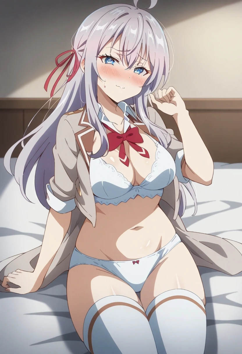 anime art style, 2d, masterpiece, best quality, very aesthetic, absurdres, dynamic shadows, atmosferic, alisa_mikhailovna, (1girl), (grey hair), long hair, blue eyes, detailed eyes, ahoge, hair between eyes, bangs, medium breasts, curvy body, makeup, ((intense blush)), sweat, cleavage, collarbone, (crop jacket), grey jacket, (loose jacket), (open clothes), white bra, white panties, red bowtie, loose bowtie, red hair ribbon, white thighhighs, (sexy smile), (cowboy shot), lying, looking at viewer, on bed