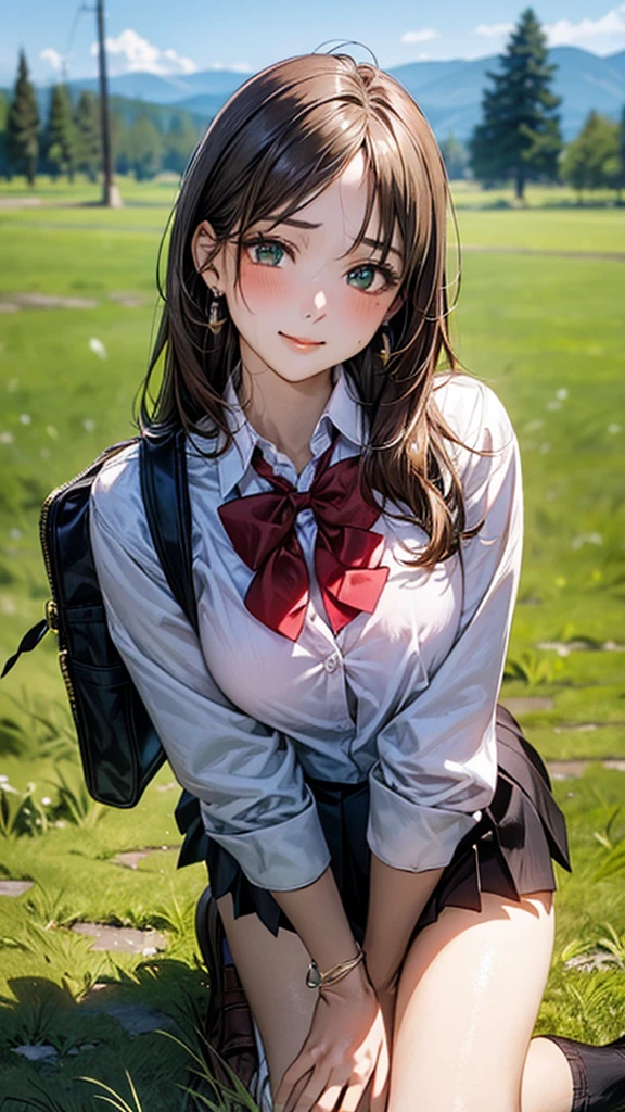 (masterpiece:1.2, top-quality), (realistic, photorealistic:1.4), beautiful illustration, (natural side lighting, movie lighting),
looking at viewer, cowboy shot, front view:0.6, 1 girl, japanese, high school girl, perfect face, cute and symmetrical face, shiny skin,
(long hair:1.8, straight hair:1.7, light brown hair), parted bangs, emerald green eyes, long eye lasher, (large breasts:0.9, thick thighs),
beautiful hair, beautiful face, beautiful detailed eyes, beautiful clavicle, beautiful body, beautiful chest, beautiful thigh, beautiful legs, beautiful fingers,
((, white collared shirts, black pleated mini skirt, black socks, brown loafers, red bow tie)), break, hoop ring earrings, pink panties, dark blue school bag, violet cardigan, break,
(beautiful scenery),
In the grass of a meadow, a girl is on all fours. A large dog hugs her back from behind.
Her face, bright red, high, both eyes closed, mouth open, whimpering.
The skirt, so short that it's almost impossible to see.